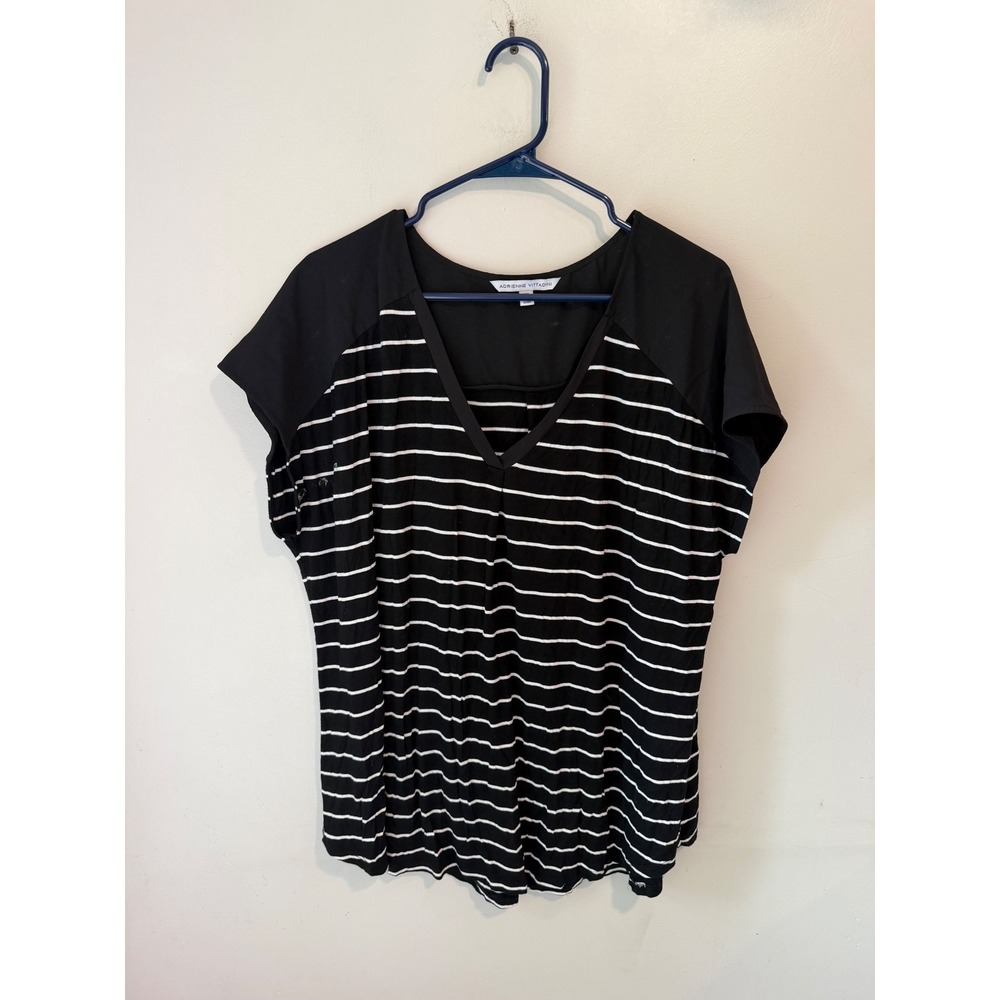 Adrienne Vittadini‎ Womens XXL Black White Striped V-Neck Mixed Media Blouse Top